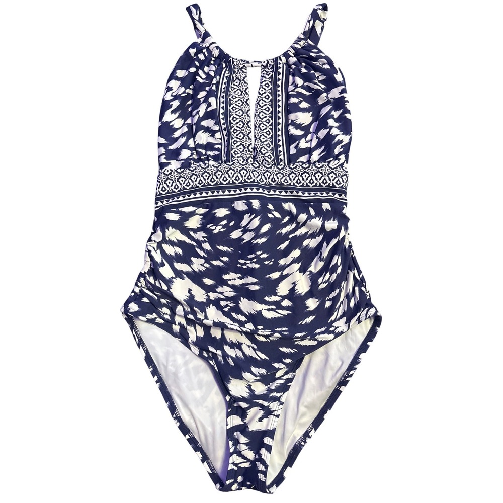 La Blanca Women's Navy White Printed High Neck One Piece Swimsuit, Size 8